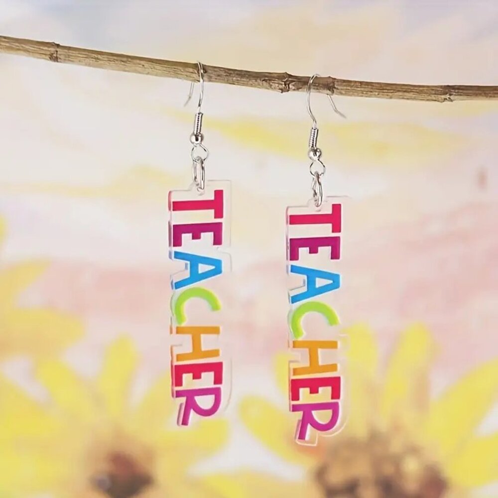 Teacher Day Novel Rainbow Acrylic Letter Rectangular Dangle 2.5" Earrings